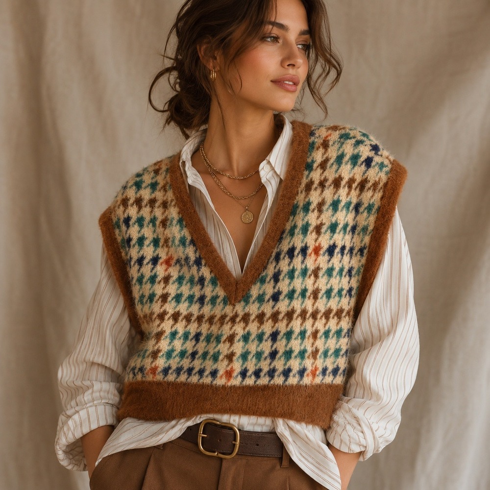 Kendall & Kylie Brown Houndstooth Fuzzy Knit Cropped Sweater Vest V-Neck Top